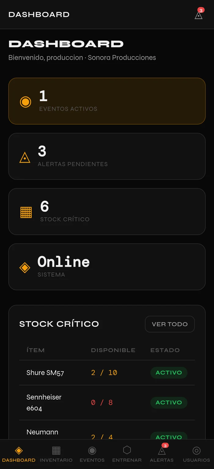 La misma aplicación en un teléfono, con la barra de navegación inferior y las tarjetas apiladas.
