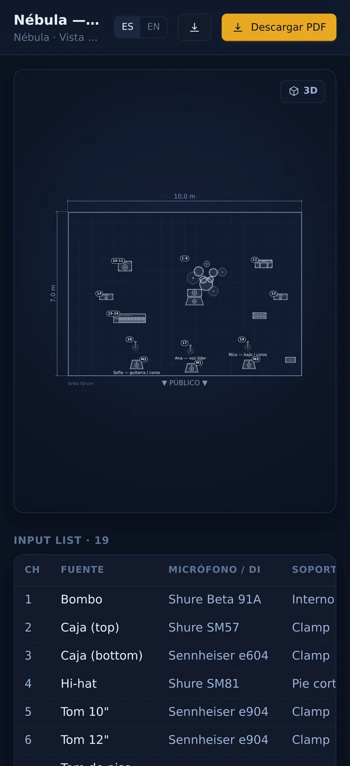 La misma vista pública en un teléfono: el plano ocupa el ancho de la pantalla y la input list se lee debajo.