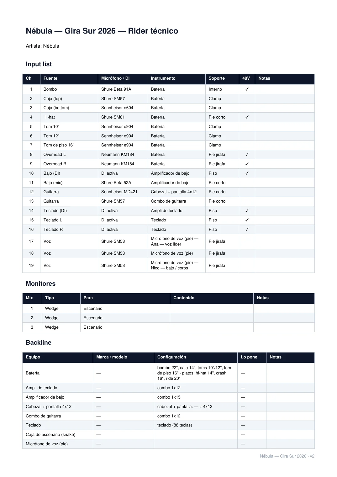 Página del PDF impreso: tabla de input list con 19 canales, tabla de mixes de monitores y tabla de backline.