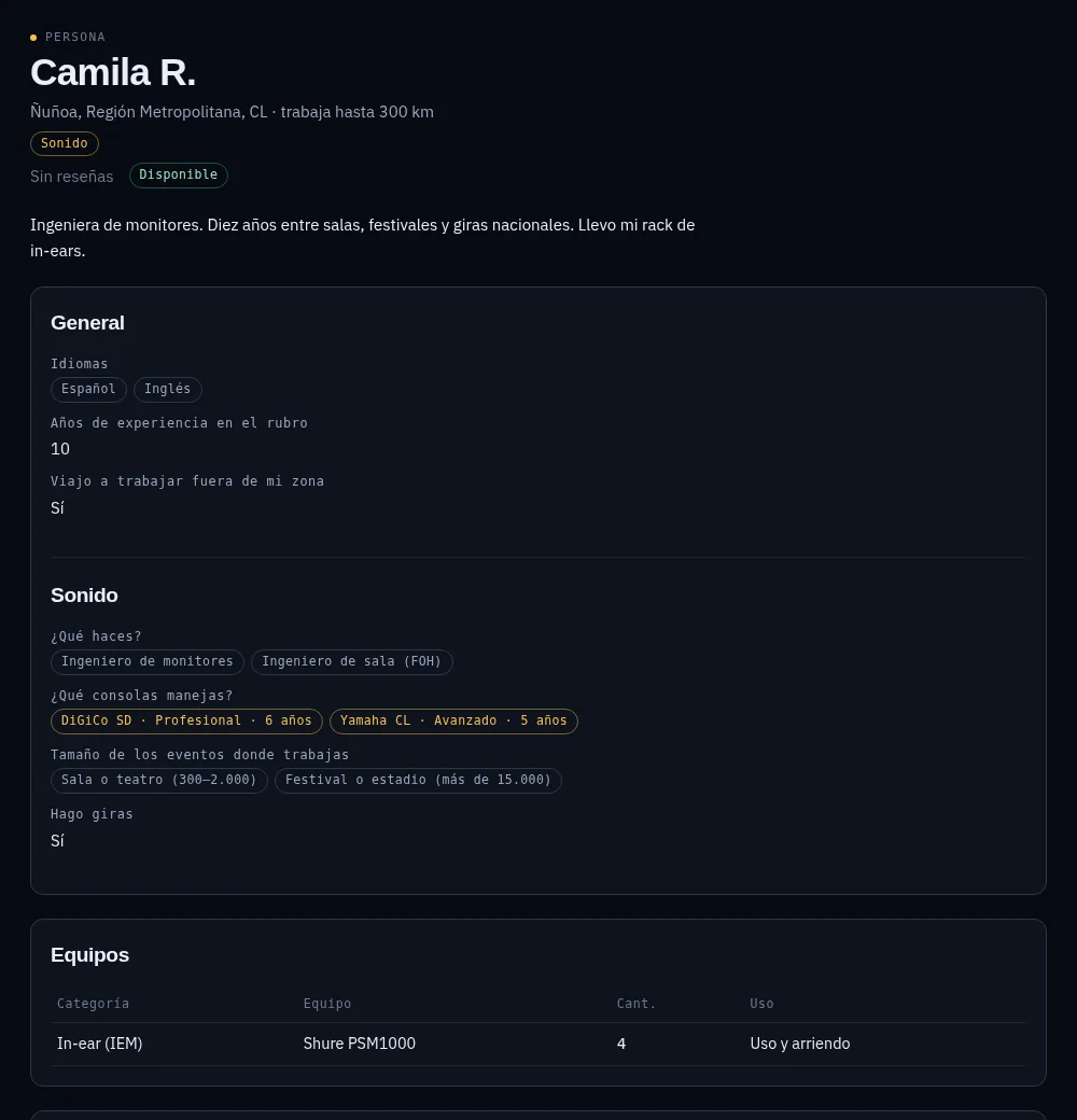 La ficha de una ingeniera de monitores: años de experiencia, idiomas, especialidades, consolas con nivel y años, y equipos propios en arriendo.